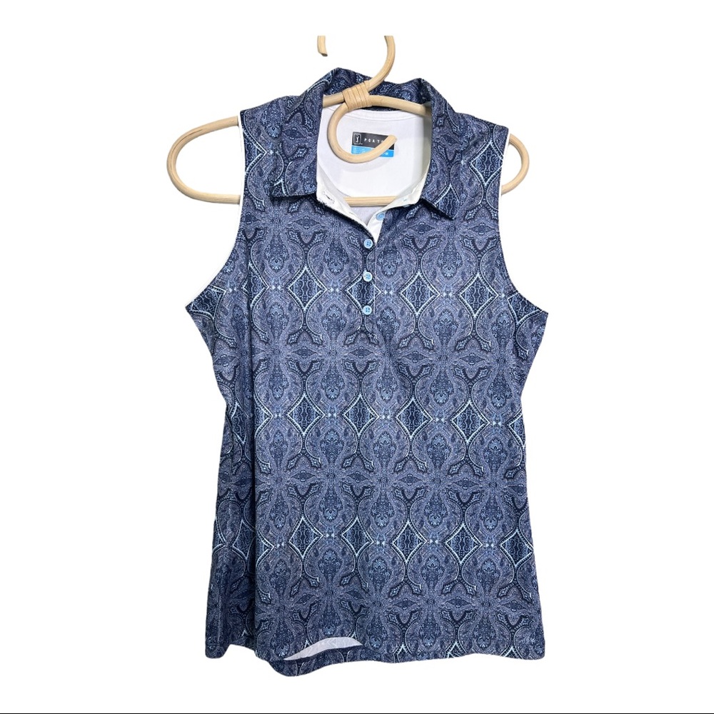 PGA Tour Blue Abstract Printed Polo Sleeveless Size Medium